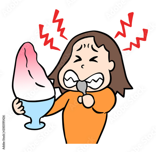 かき氷を食べて頭がキーンと痛む衝撃に悶絶するコミカルな女性のイラスト