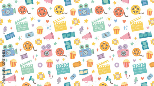Cute Film Reel and Camera Seamless Pattern, Cinema Vector Art
