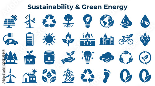 Collection of sustainability and green energy icons representing renewable power sources eco-friendly transport and environmental conservation concepts