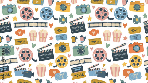 Film and Cinema Pattern: Cameras, Popcorn, Clapperboards, Reels, Tickets