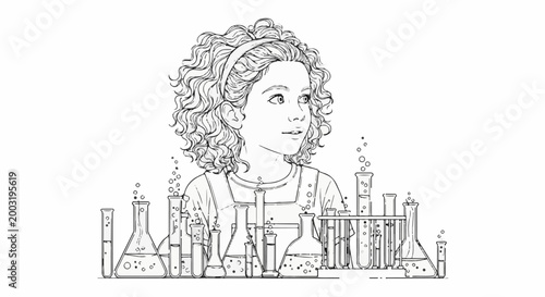 Young girl with curly hair in a lab coat surrounded by bubbling beakers and test tubes