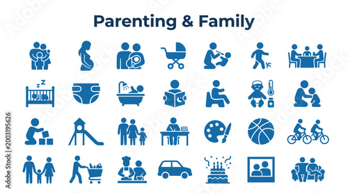 Parenting and Family Icons Set: Diverse Family Life Activities and Stages Represented by Blue Pictograms on White Background