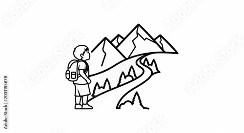 Young hiker with backpack gazes at majestic, winding mountain path