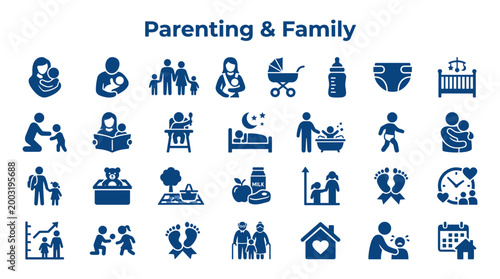 Parenting and family icons collection representing childhood, care, love, and development. Diverse symbols of family life, child rearing, and parental bonding.