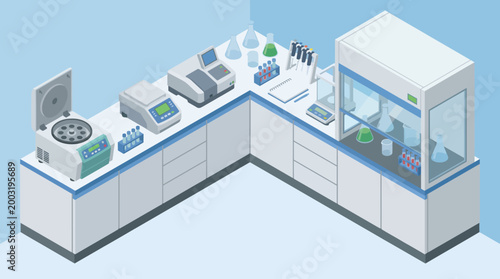 This image features a sophisticated laboratory setup, showcasing various scientific instruments including centrifuge, spectrometer, and glassware essential for experiments.
