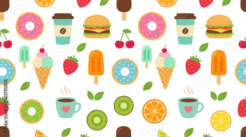 Seamless pattern with cartoon food and drinks: donuts, ice cream, coffee