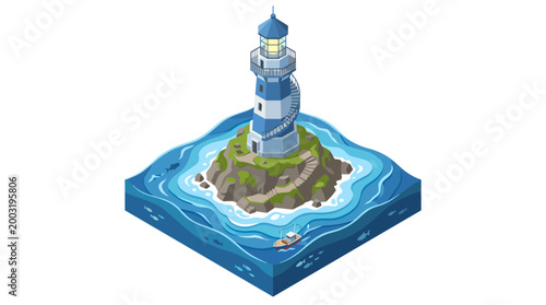 A serene illustration of a lighthouse standing tall on a rocky island, surrounded by gentle waves and a small boat, conveying peace and guidance amidst the sea.