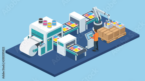 An illustration of a sophisticated printing production facility that showcases modern machinery and automation in the printing industry, focused on efficiency and innovation.