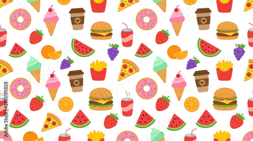 Flat Design Seamless Pattern of Fast Food and Desserts on White Background