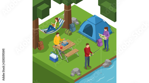 An idyllic camping scene depicting a family enjoying nature; activities include fishing, reading, and relaxing in a hammock amidst trees and a tent.