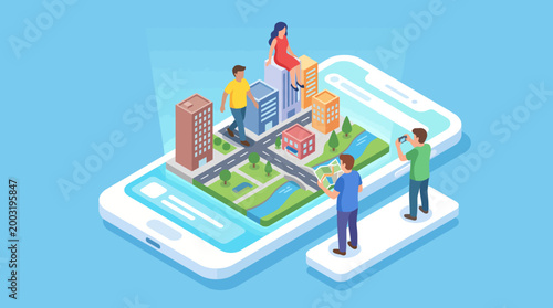 An imaginative digital illustration of a smartphone displaying a vibrant urban city layout, showcasing the future of technology, connectivity, and modern urban planning with people.