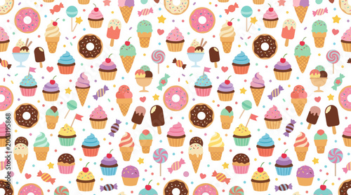 Cute Seamless Pattern of Sweet Desserts - Ice Cream, Cupcakes, Donuts