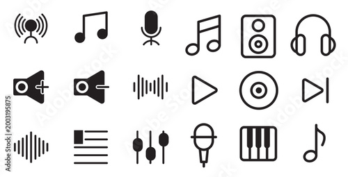 Set of Black Music and Audio Icons, Flat Design Vector Illustration