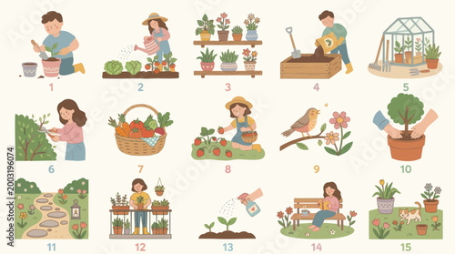 Flat illustration of people gardening, growing plants, with fruits, vegetables, and flowers.