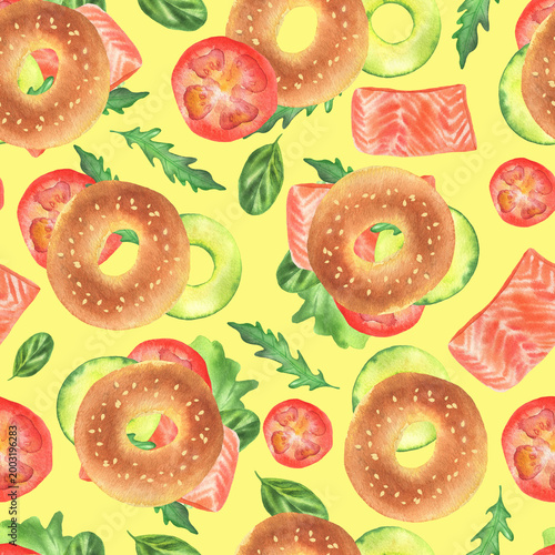 Seamless pattern of salmon bagels breakfast yellow