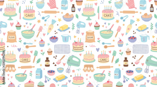Seamless Pattern of Baking and Cakes, Flat Vector Illustration