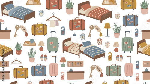 Seamless Pattern of Hotel Icons: Suitcases, Beds, Keys, Travel