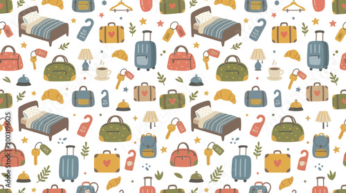 Hospitality  Travel Flat Design Seamless Pattern with Hotel Beds, Luggage, Keys, and Coffee