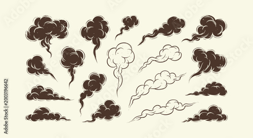 Collection of Retro Smoke Puffs and Steam Clouds, Hand Drawn Comic Style Gas Fumes Graphic Assets
