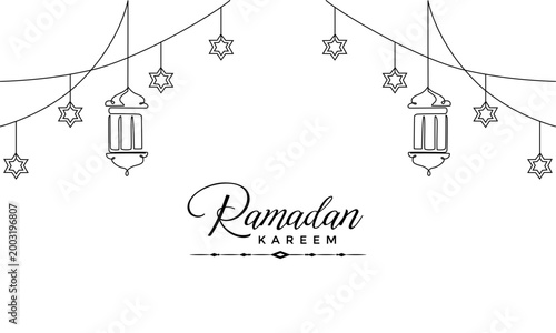 Hanging lanterns in one single continuous line drawing.Islamic garlang decoration with lantern, star and moon. Ramadan kareem concept eps 10