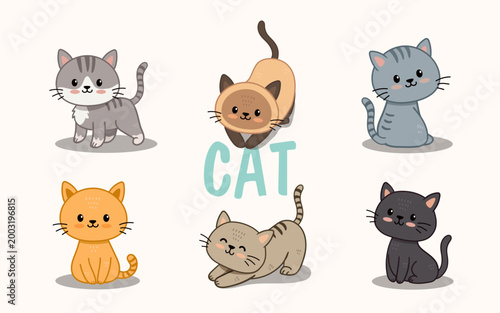set of funny cute cats in different poses in flat style. Cartoon kitten. Black, red, grey, siamese cat. Vector illustration