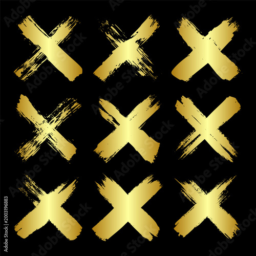 Golden grunge crosses, brush strokes, lines, ink smudges, hand-drawn scribble shapes. Handmade sketchy marks, acrylic stains, charcoal streaks. Paint textures, dry brush effect. Vector illustration