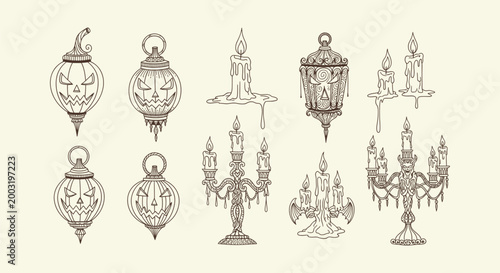 Hand Drawn Halloween Lanterns and Spooky Candles Vector Illustration Set with Gothic Mystical Decor