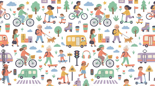 Flat Vector Seamless Pattern: Urban Active Lifestyle, Sustainable Transportation  City People