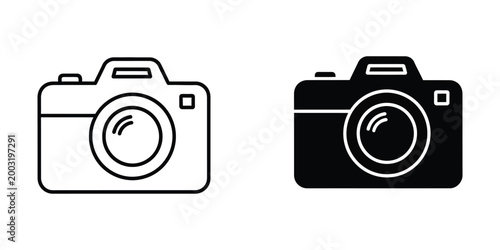 Contrasting camera icons in black and white line art styles