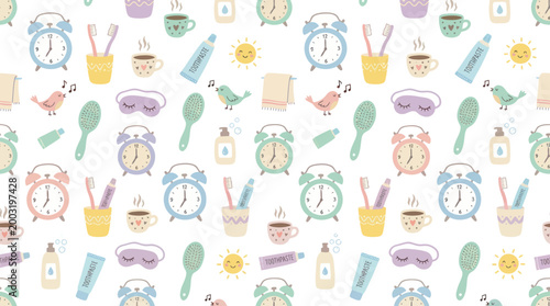 Cute Morning Routine Pattern with Alarm Clocks and Toothbrushes, Flat Illustration