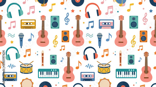 Music Pattern: Guitars, Headphones, Microphones, Speakers, and Keyboards Flat Design