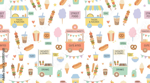 Cute Cartoon Flat Design Seamless Pattern of Street Food Stalls, Snacks, and Drinks