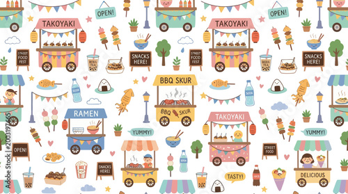 Colorful Asian Street Food Market Stalls and Snacks Flat Vector Seamless Pattern