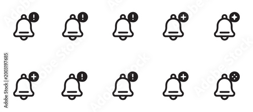 Set of notification and alert icons for user interface design featuring bell and symbol variations.