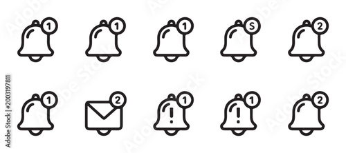 Notification line icon set. bell, message, mail, alarm, clock, alert, email, and time symbols.