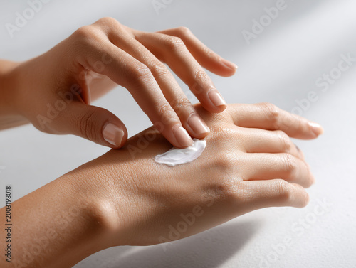 A person applies a white dollop of moisturizing cream onto the back of their hand, emphasizing skincare and gentle touch.