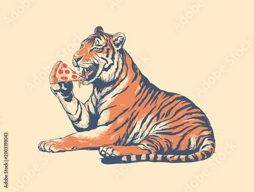Graphic art style tiger eating a slice of pepperoni pizza while lying down on a light background, featuring orange and blue tones.