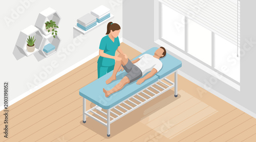 A healthcare professional assists a patient with therapy in a modern clinic, showcasing a clean and calming environment designed for physical rehabilitation and care.
