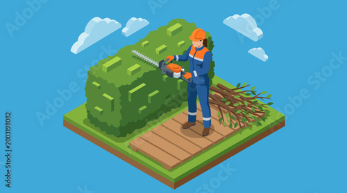 A professional landscaper skillfully trims a hedge using a chainsaw, showcasing precision gardening in a vibrant blue sky, representing dedication to landscape maintenance and design.