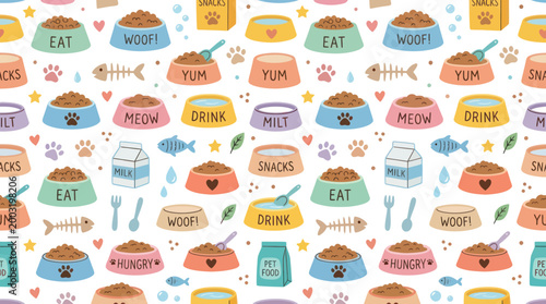 Cute Cat and Dog Food Bowls Pattern, Seamless Flat Vector Illustration