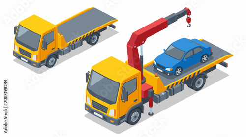 This digital illustration features two types of tow trucks, showcasing their capability to lift and transport vehicles with a strong hydraulic crane in a vibrant city setting.