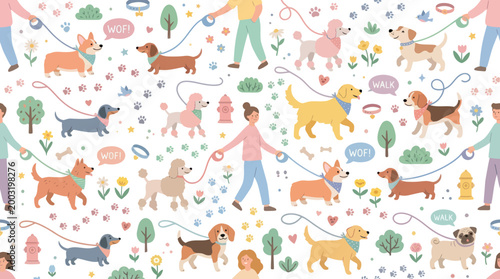Flat illustration of people walking dogs in a park, vector art