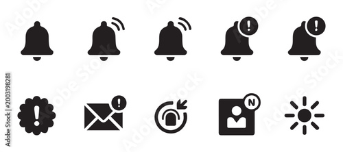 Notification icons collection bell envelope warning alert message symbols on transparent background.