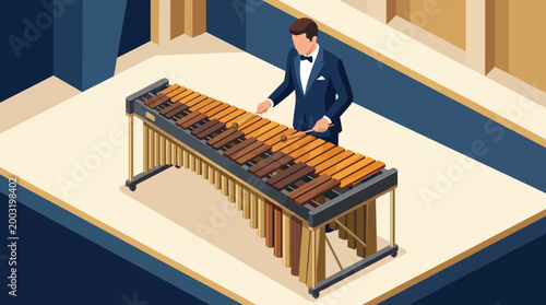 A stylized portrayal of a vibraphonist in formal attire playing a vibraphone, capturing the elegance and artistry of musical performance in a visually appealing way.