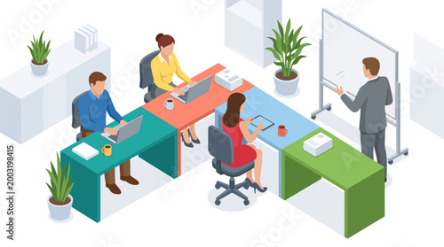 This engaging illustration depicts a modern office setup where multiple professionals collaborate over projects, showcasing teamwork and productivity in the workplace.