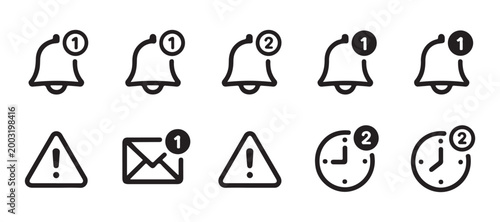 Group of notification icons with bell shapes and alert symbols for mobile and website interface.