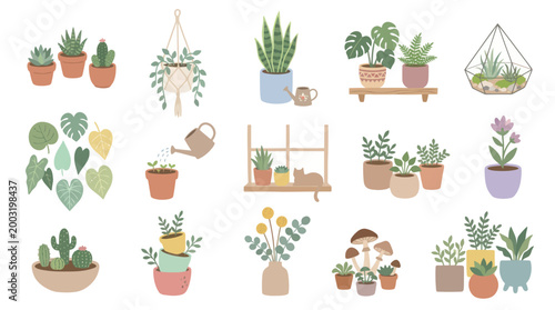 Flat Design Vector Set of Houseplants, Potted Indoor Plants, Succulents, and Home Garden Decor Elements