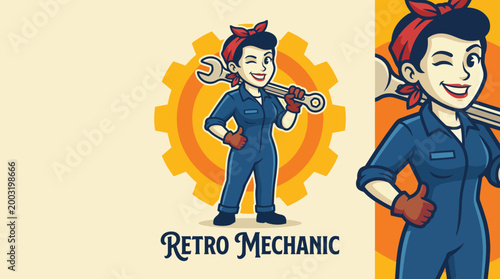 Photos A vibrant logo depicts a female mechanic in retro style, symbolizing empowerment, skillfulness, and the charm of classic automotive repair in a modern era