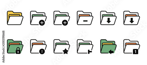 Colored file folder icon set with status indicators for upload download lock warning and star badge.