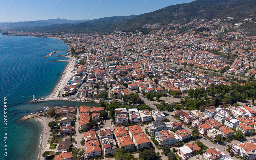 Naklejka premium Aerial View of Altinoluk Coast with Aegean Sea and Kaz Mountains in Balikesir Turkey